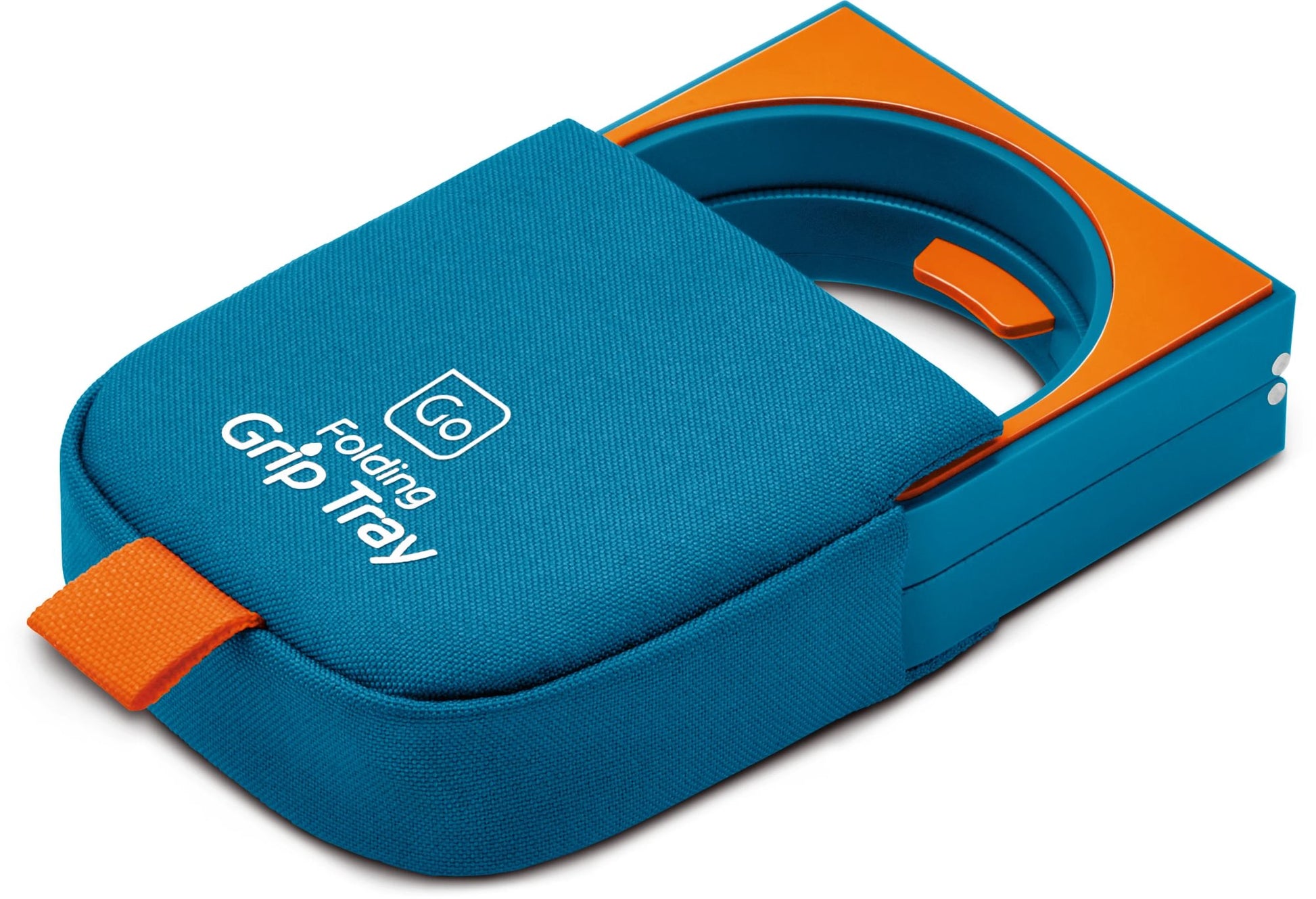 The Go Travel Folding Grip Tray by Go Travel is a blue and orange eco-friendly tray with a handle and round compartment.