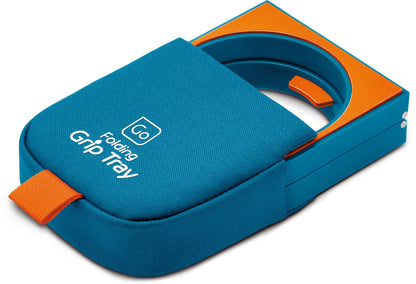The Go Travel Folding Grip Tray by Go Travel is a blue and orange eco-friendly tray with a handle and round compartment.