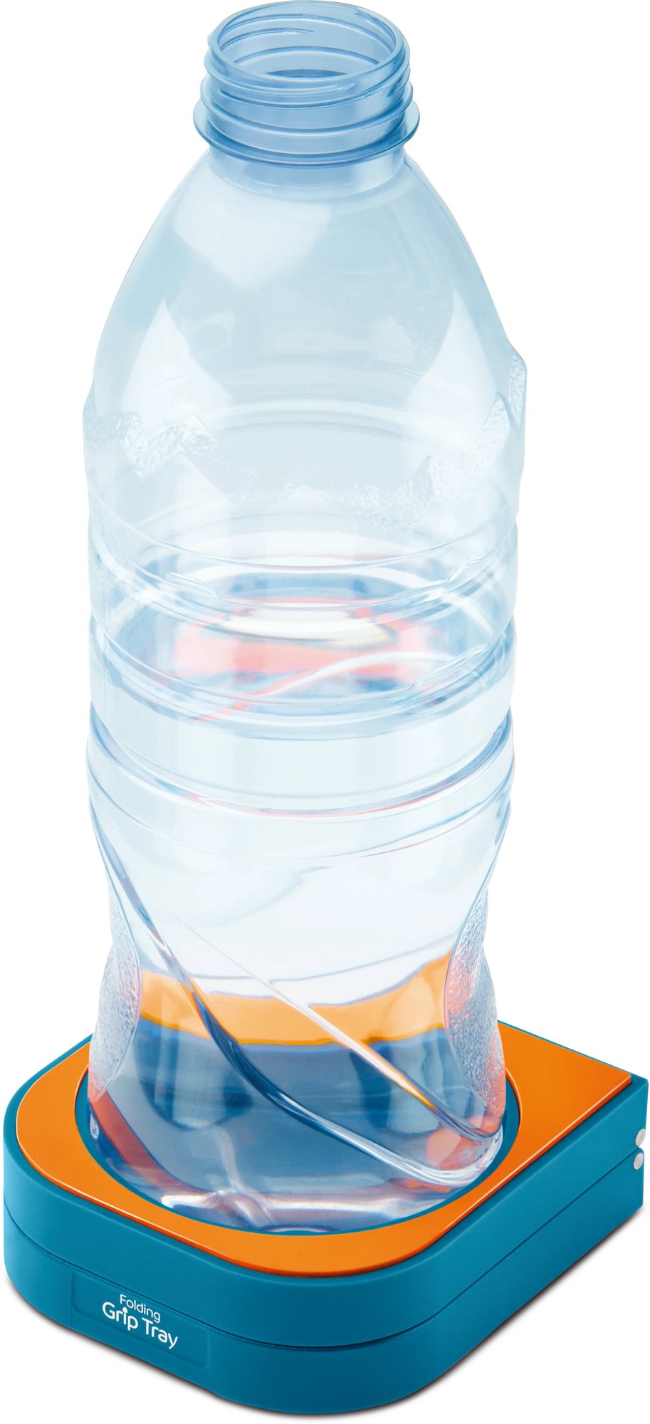 A plastic bottle stands upright on an eco-friendly Go Travel Folding Grip Tray with an orange and blue base.