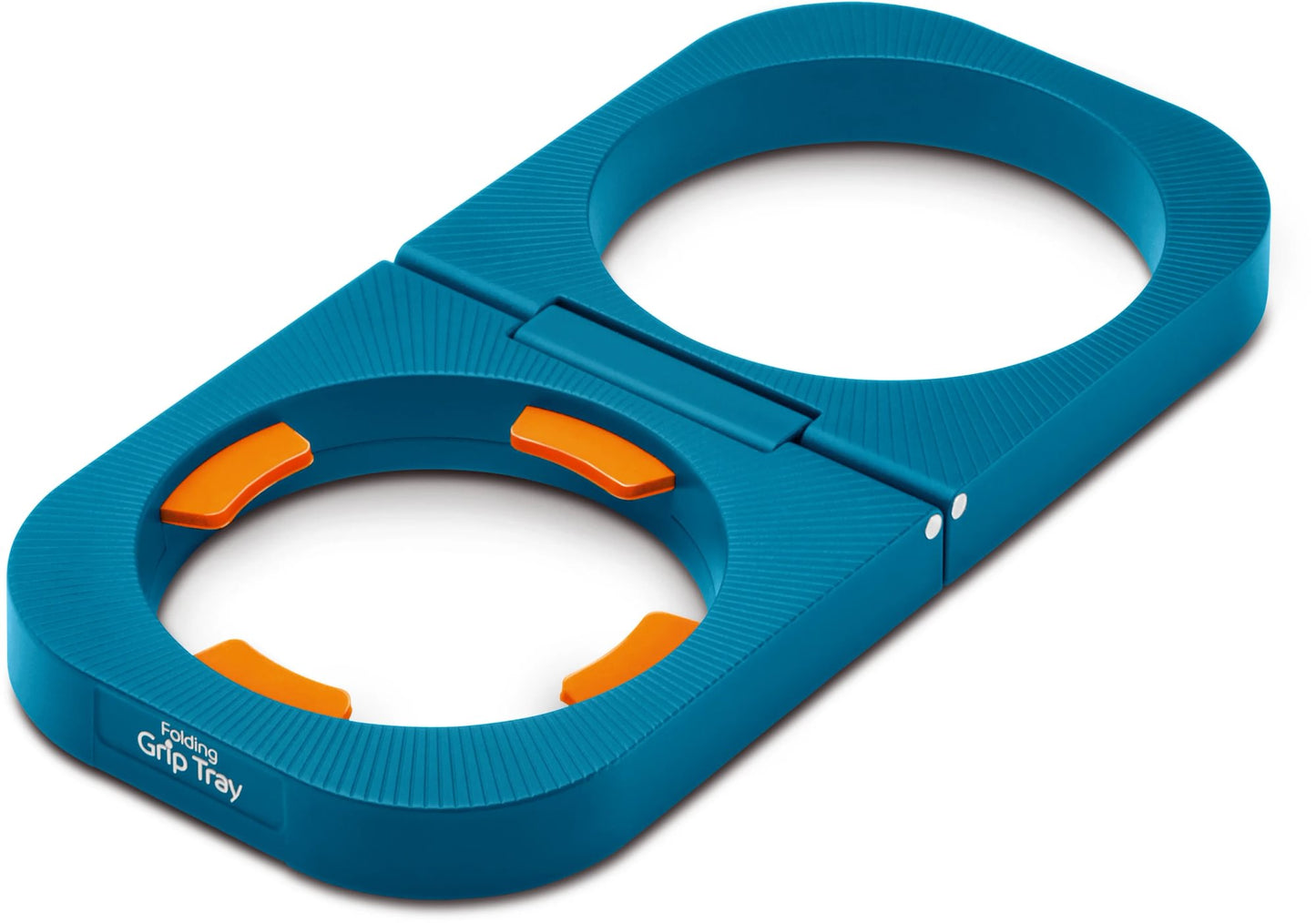 Go Travel Folding Grip Tray by Go Travel, blue with orange grips, 2 non-slip cup holders, shown open.