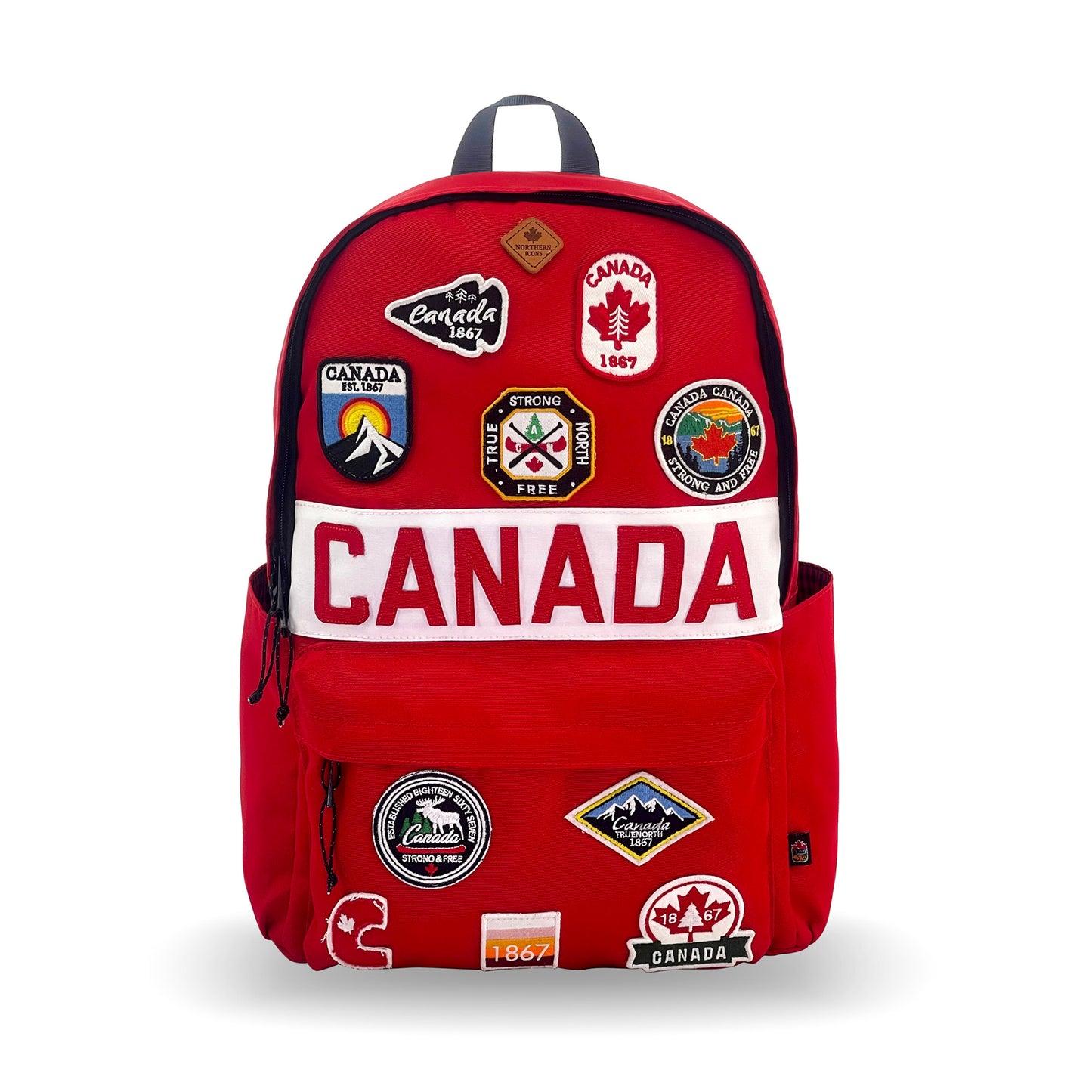 Northern Icons Canada Classic Backpack with Canadian patches and "CANADA" on the front pocket.