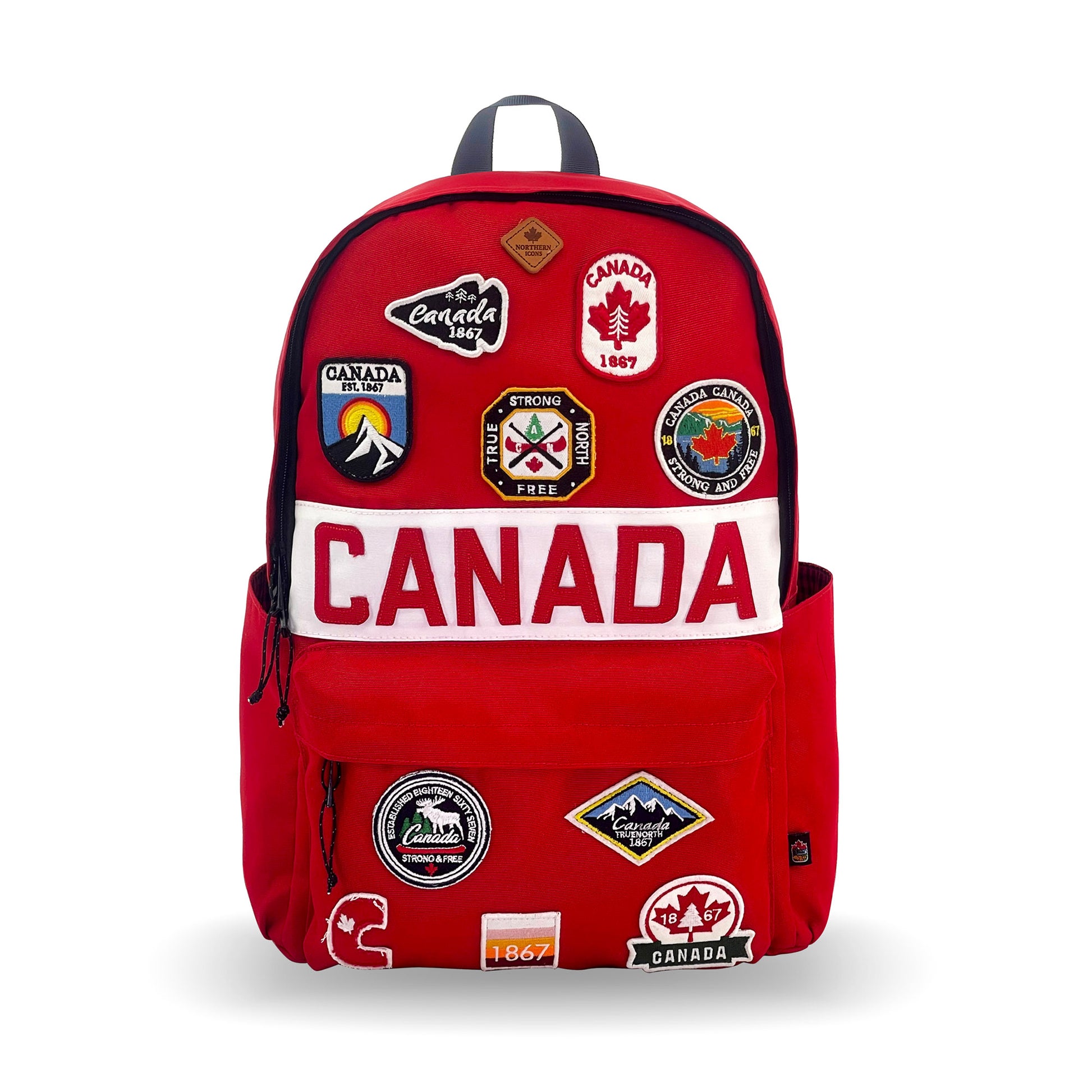 Northern Icons Canada Classic Backpack with Canadian patches and "CANADA" on the front pocket.