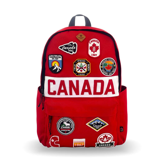 Product Image – Northern Icons Canada Classic Backpack with Canadian patches and "CANADA" on the front pocket.
