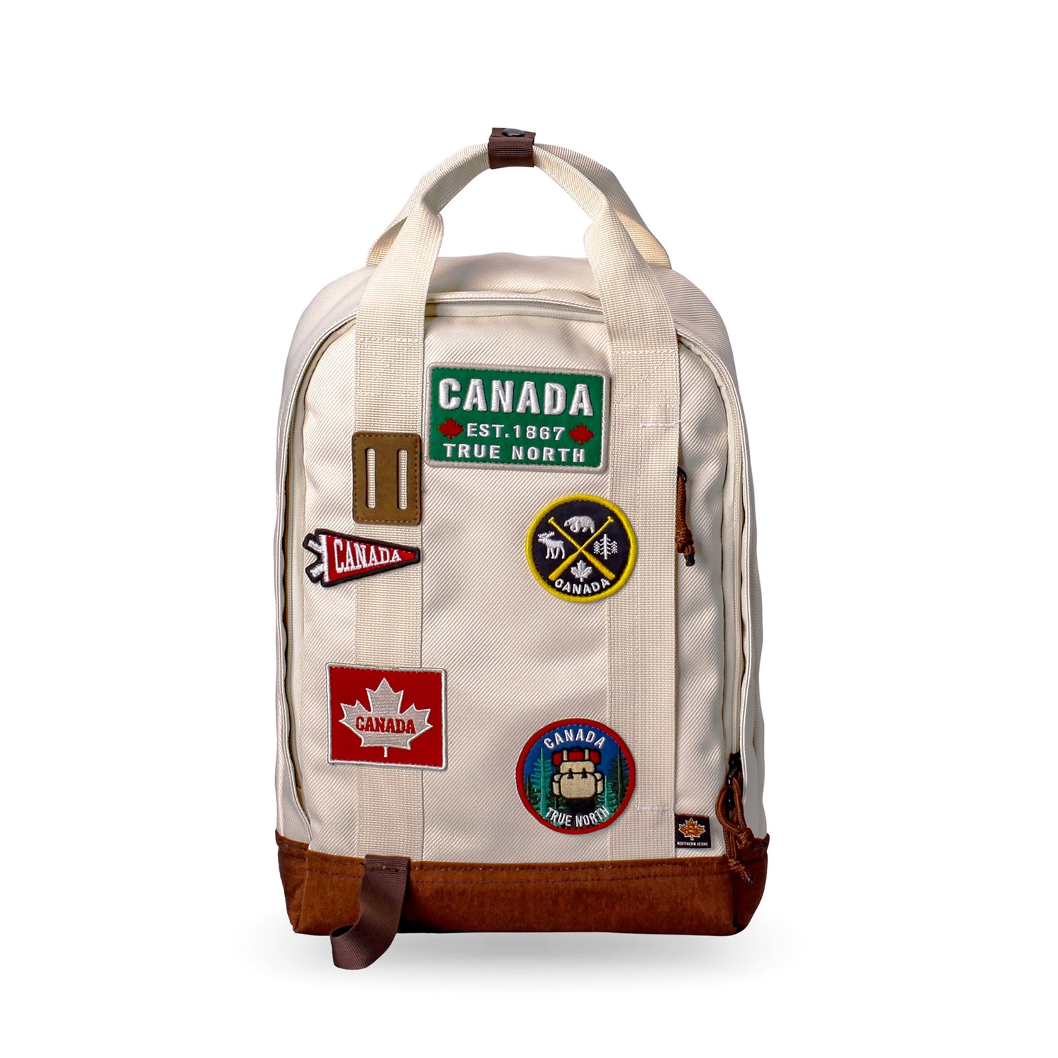 The Northern Icons Canada Everyday Backpack features retro vibes, beige fabric, and brown accents with Canada patches.