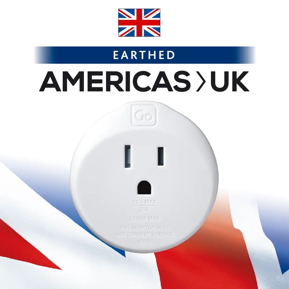 Go Travel Americas-UK Grounded Adapter—ideal for US/Canada travellers, fits UK sockets.