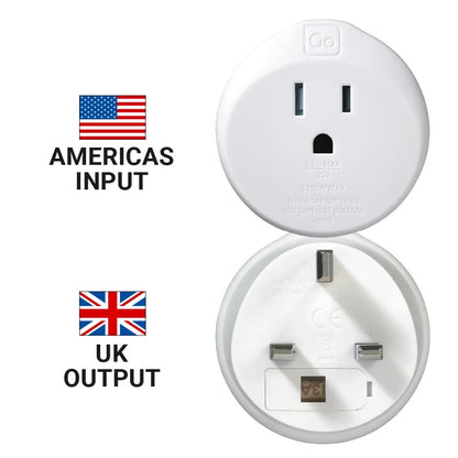 Go Travel Americas-UK Grounded Adapter, ideal for US/Canadian travellers to UK, shown with US & UK flags.