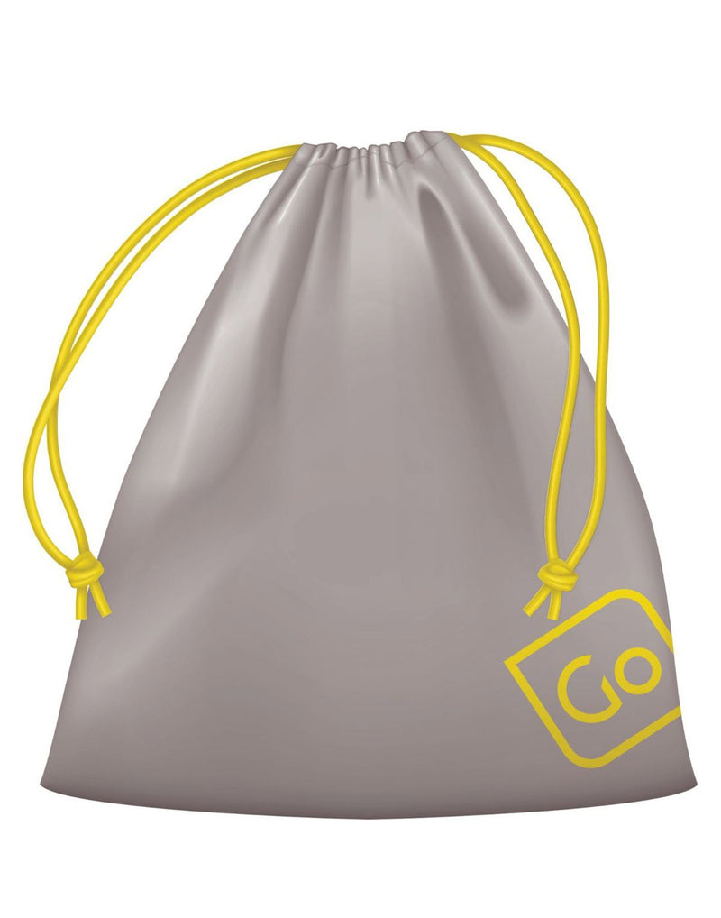 Grey pouch with yellow drawstrings to carry all adapter kit pieces
