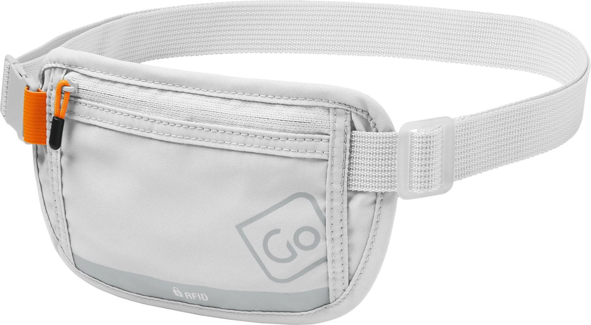 Go Travel RFID Waist Wallet: light gray, signal-blocking, front zip pocket, orange zipper pull.