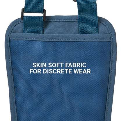 Close-up of the Go Travel RFID Passport Pouch in blue with "SKIN SOFT FABRIC FOR DISCRETE WEAR" text.
