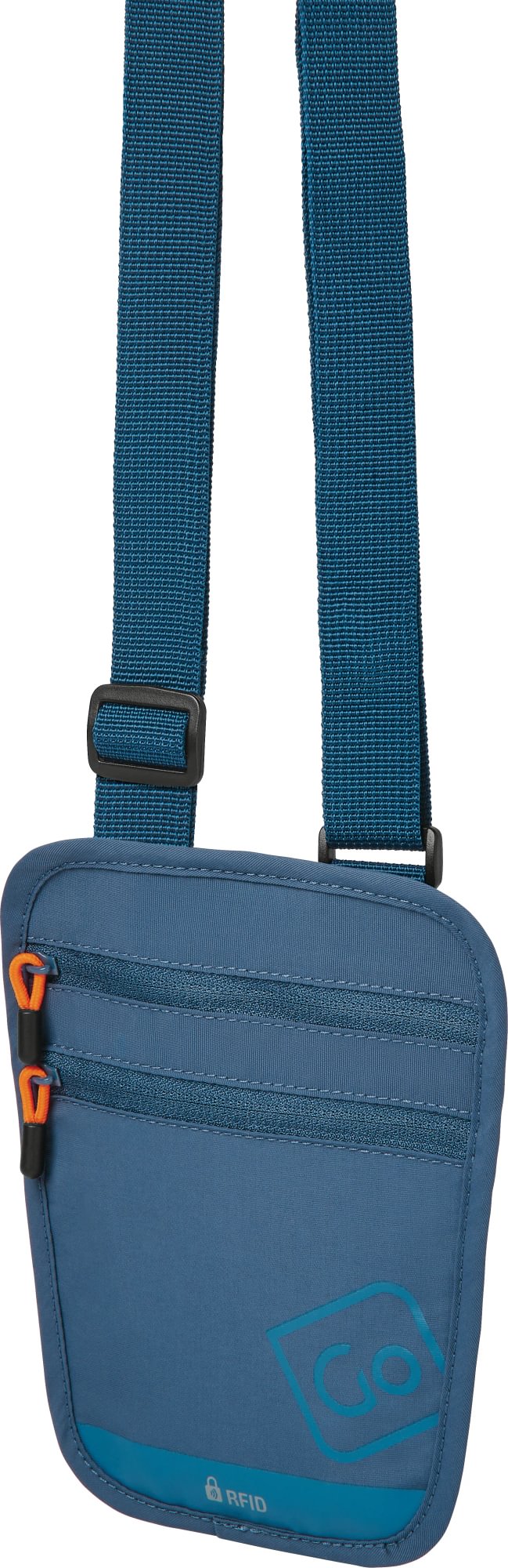 Go Travel RFID Passport Pouch by Go Travel features 2 zippered pockets and adjustable strap for secure travel.