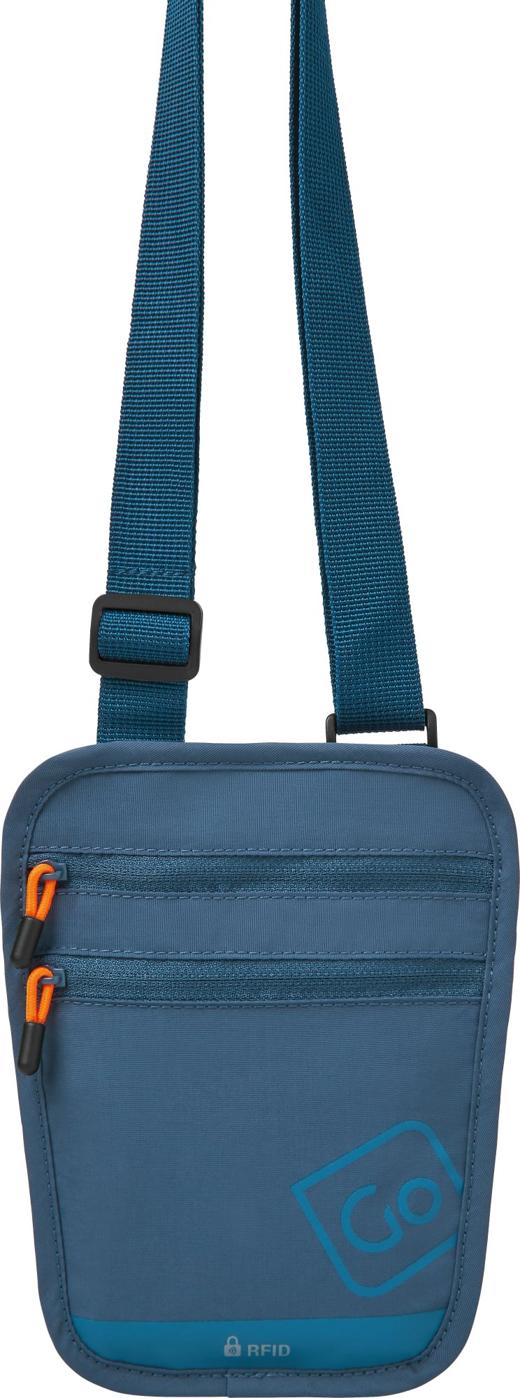 Go Travel RFID Passport Pouch with adjustable strap, zip pockets, RFID protection, and "Go" logo.
