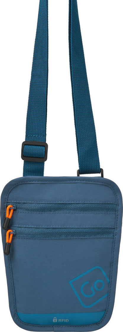 Go Travel RFID Passport Pouch with adjustable strap, zip pockets, RFID protection, and "Go" logo.
