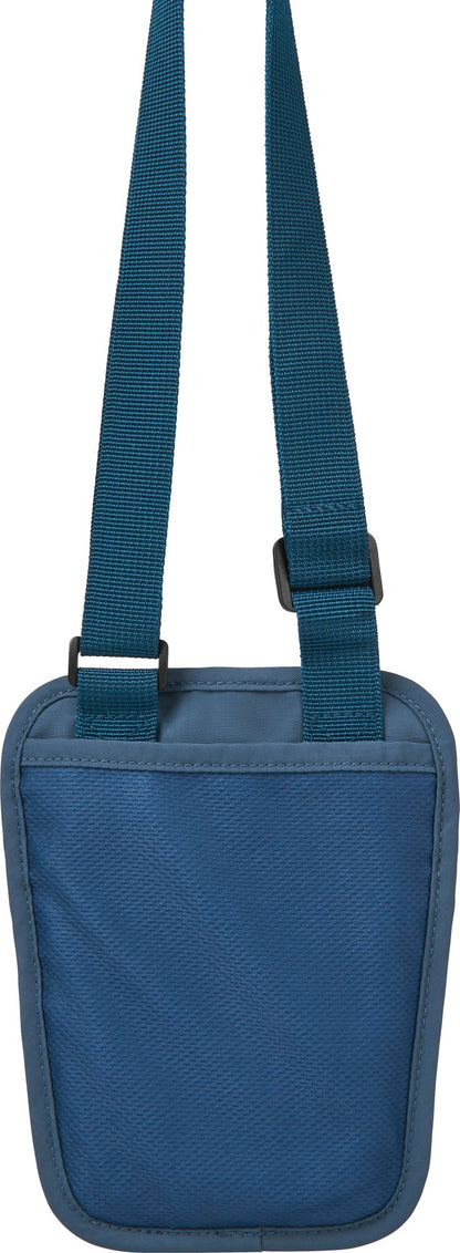 Go Travel RFID Passport Pouch in blue with long adjustable strap, shown front-facing on a white background.