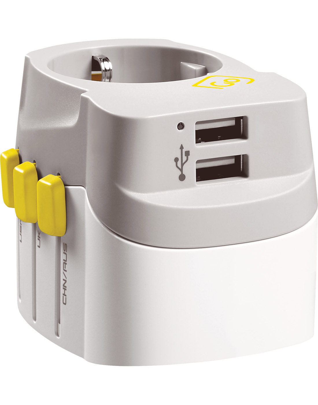 Front angle view of Go Travel Worldwide Grounded Adapter + Twin USB, with USB ports visible and Euro adapter detached.