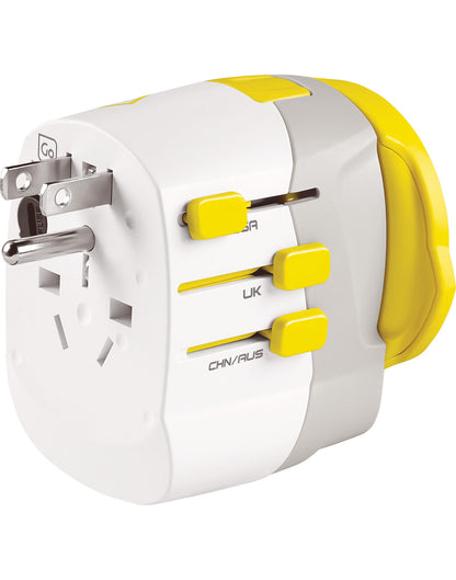 Side angle view of Go Travel Worldwide Grounded Adapter + Twin USB, with USA plug extended out.