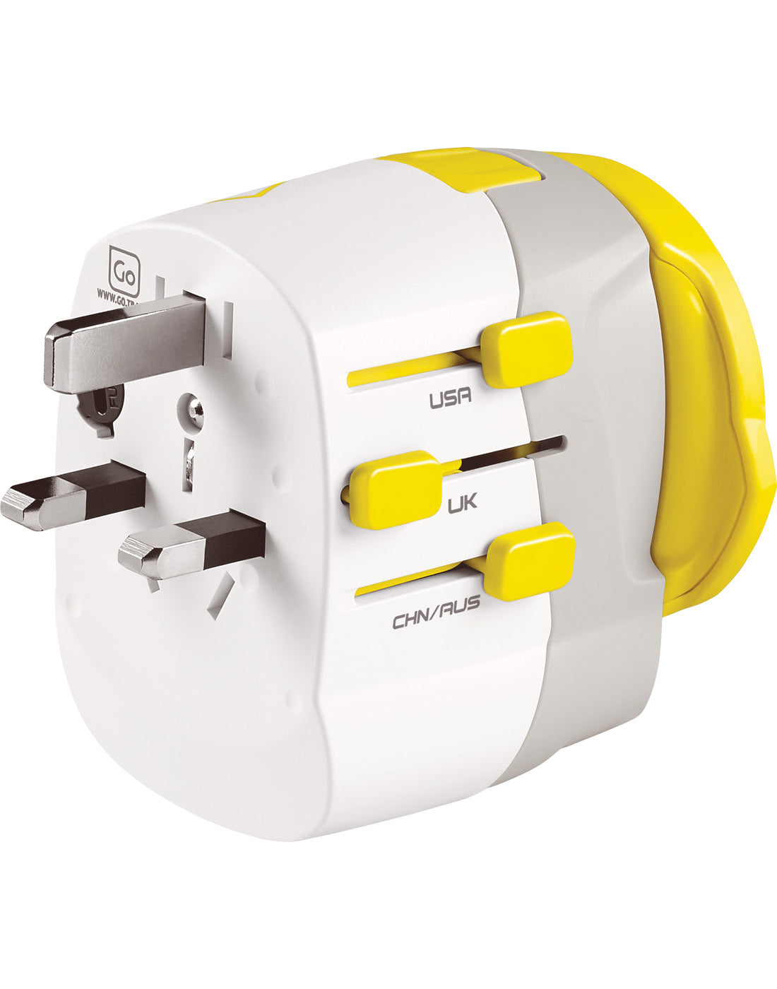 Side angle view of Go Travel Worldwide Grounded Adapter + Twin USB, with UK plug extended out.