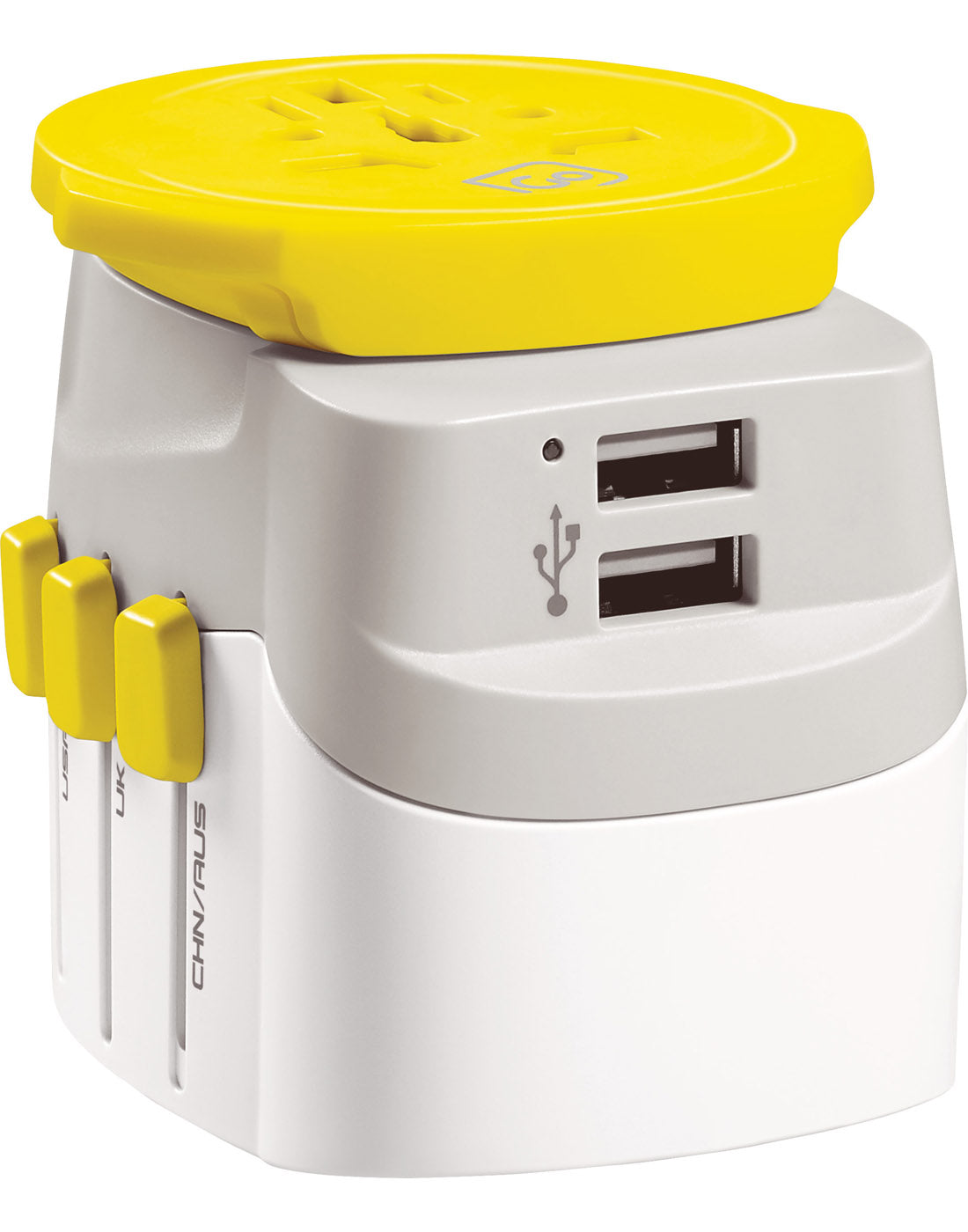 Front angle view of Go Travel Worldwide Grounded Adapter + Twin USB, facing downwards with USB ports visible. 