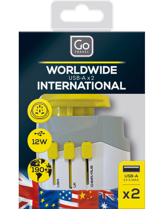 Product Image – Front view of Go Travel Worldwide Grounded Adapter + Twin USB, inside its packaging.