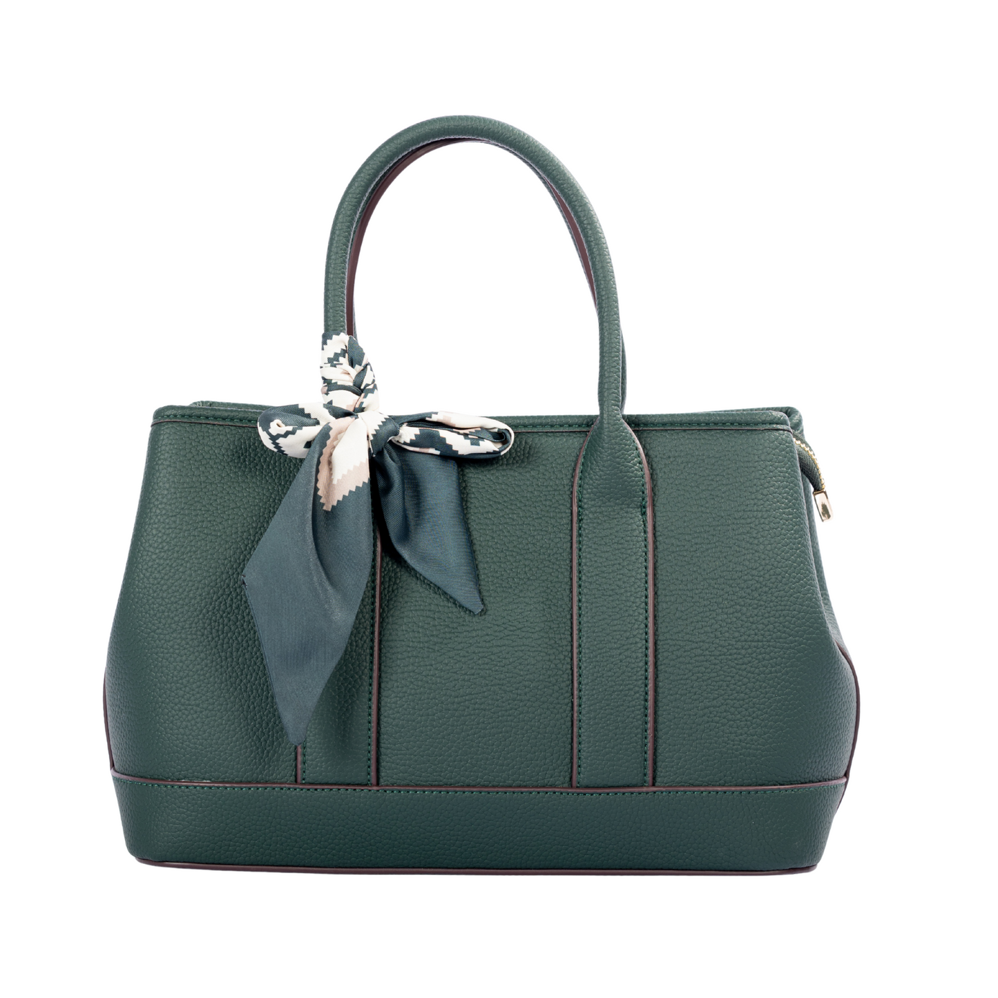 Miss Caprice Solana dark green structured handbag with two handles and a scarf, shown on white.