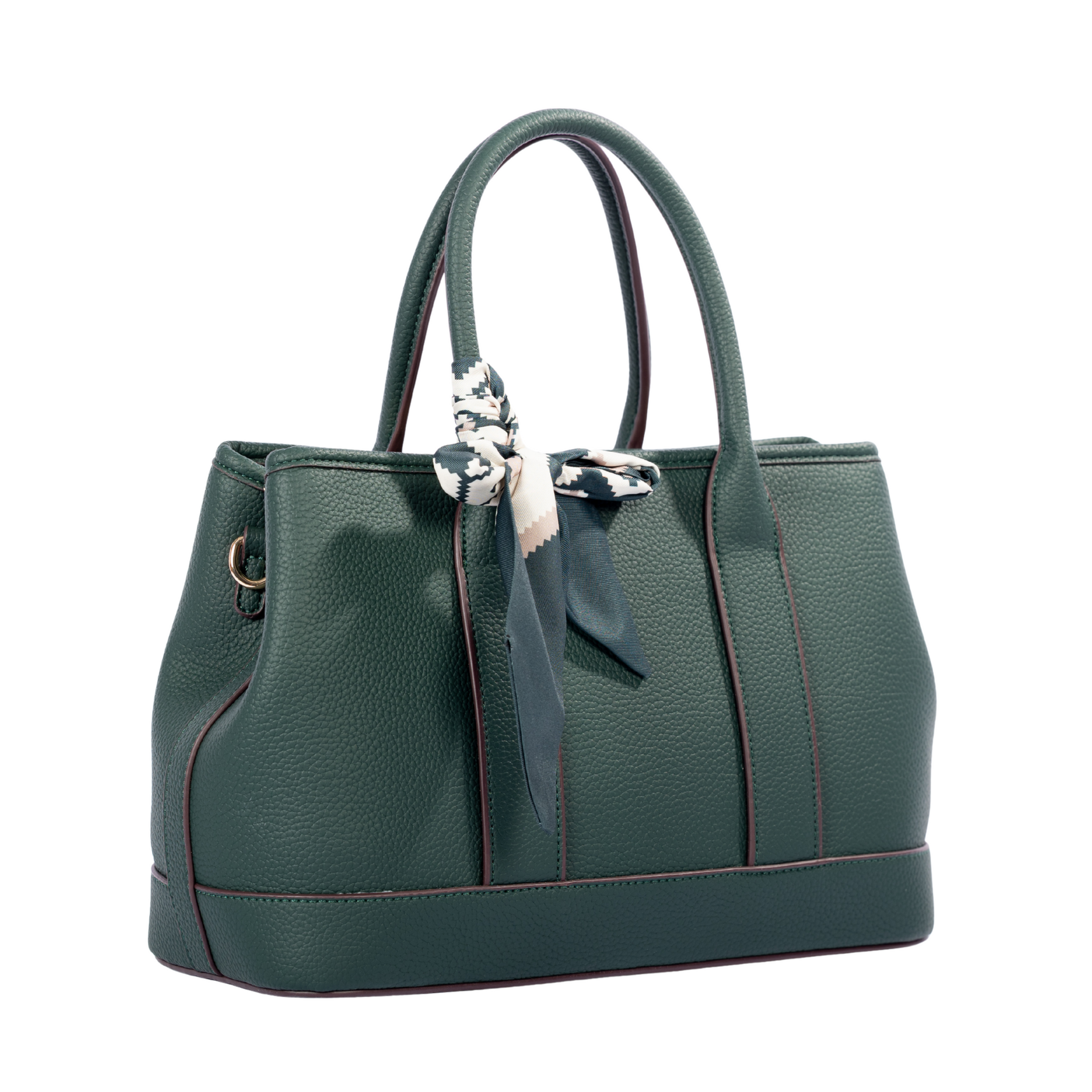 Miss Caprice Solana green faux leather top handle bag with double handles and scarf, shown on white background.