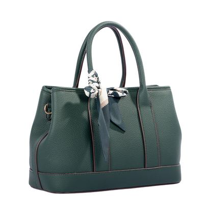 Miss Caprice Solana green faux leather top handle bag with double handles and scarf, shown on white background.