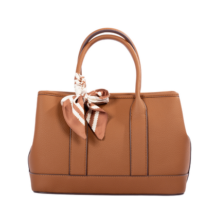 Miss Caprice Solana brown faux leather handbag with dual handles and silk scarf accent on a white background.