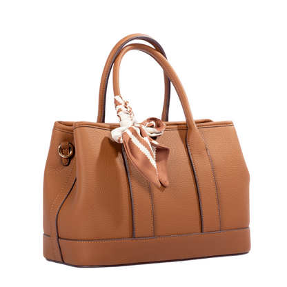 Miss Caprice Solana Handbag: brown faux leather top handle bag with patterned scarf, shown on white background.