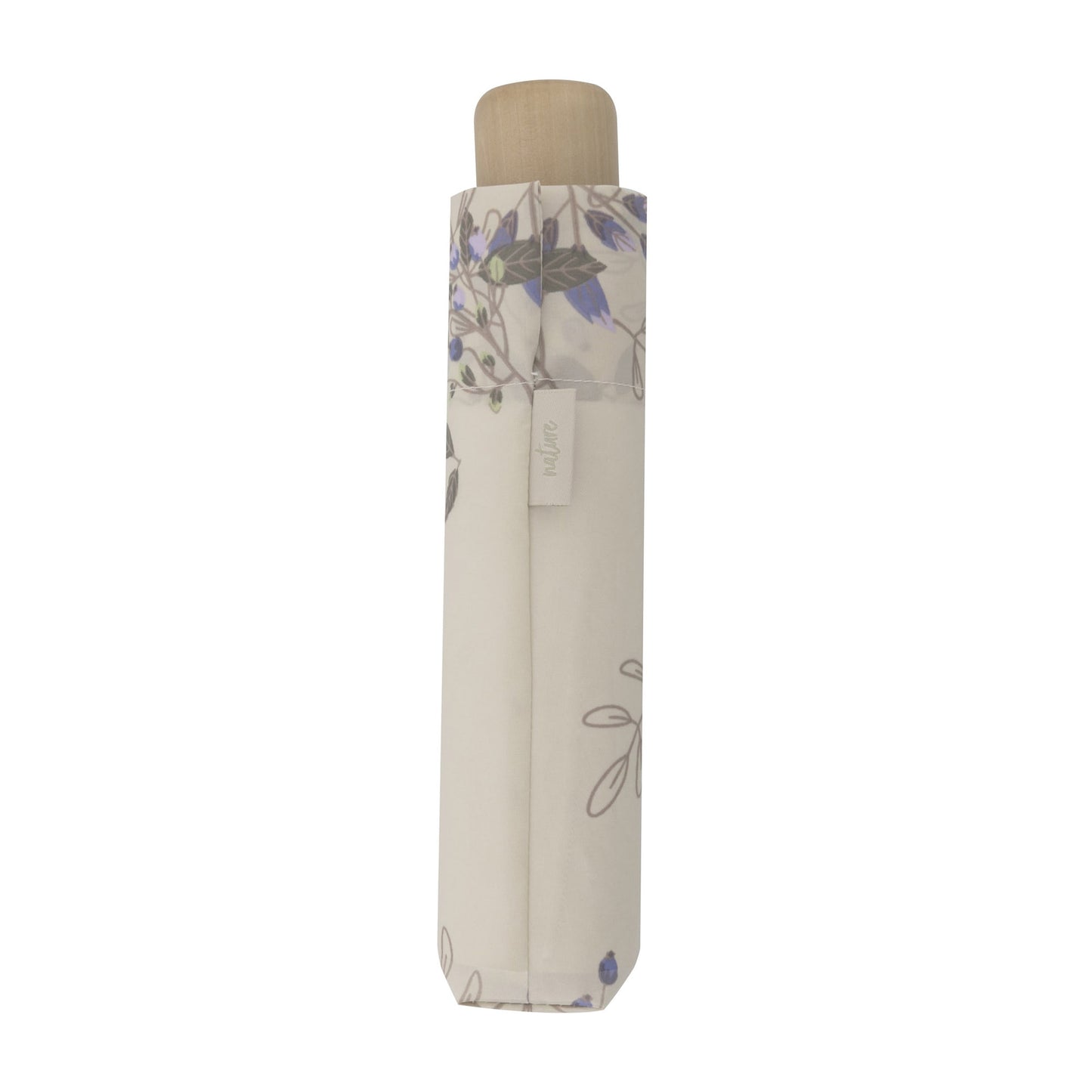 Doppler Nature Mini Umbrella in Eden print, white with small blue and tan flowers and branches, closed view