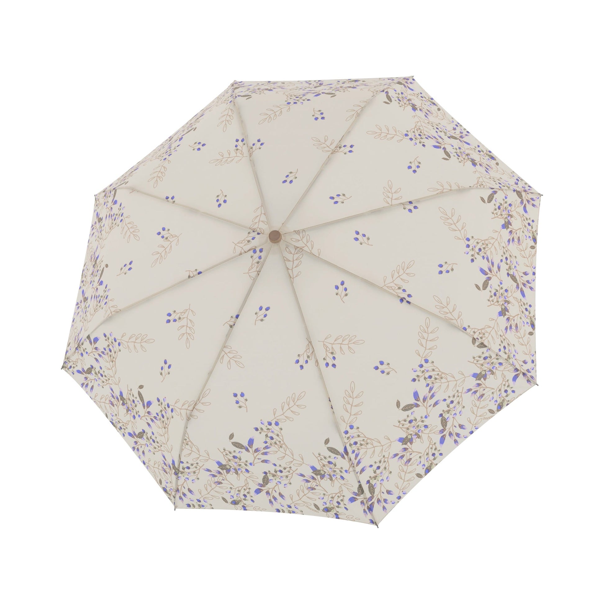 Doppler Nature Mini Umbrella in Eden print, white with small blue and tan flowers and branches, top open view