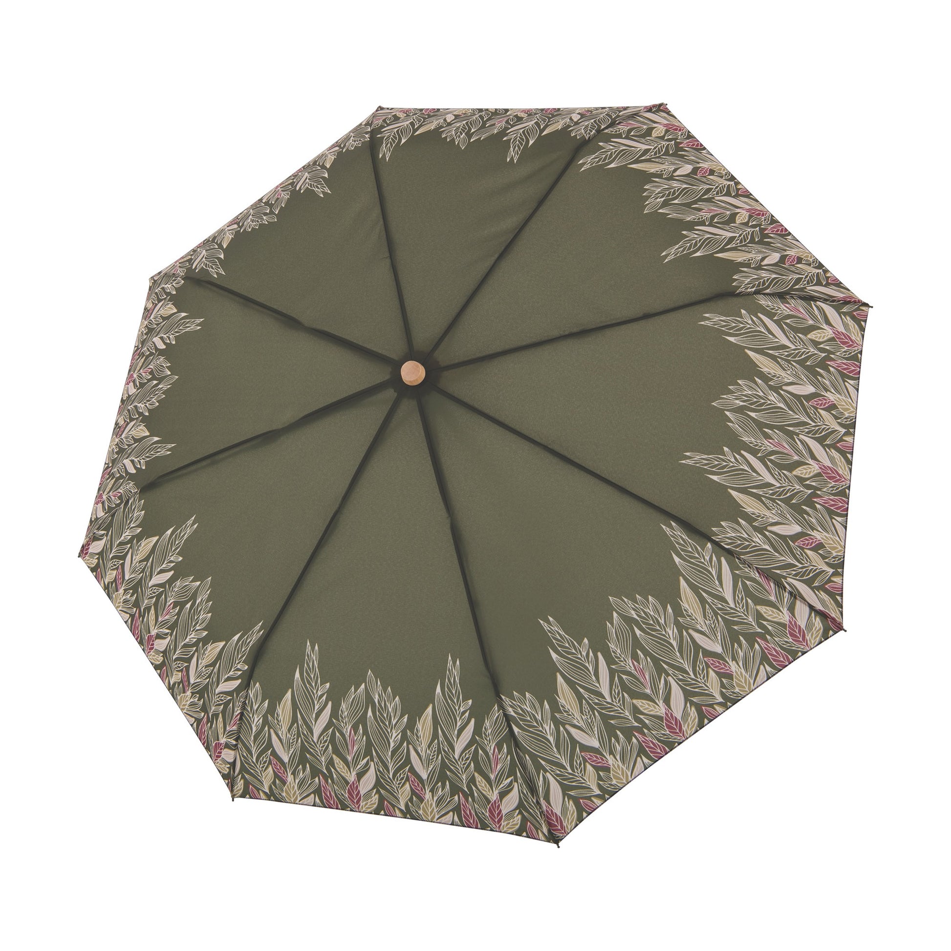 Doppler Nature Mini Umbrella in Intention Olive print, olive green background with beige leaves coming up from the edges, top open view