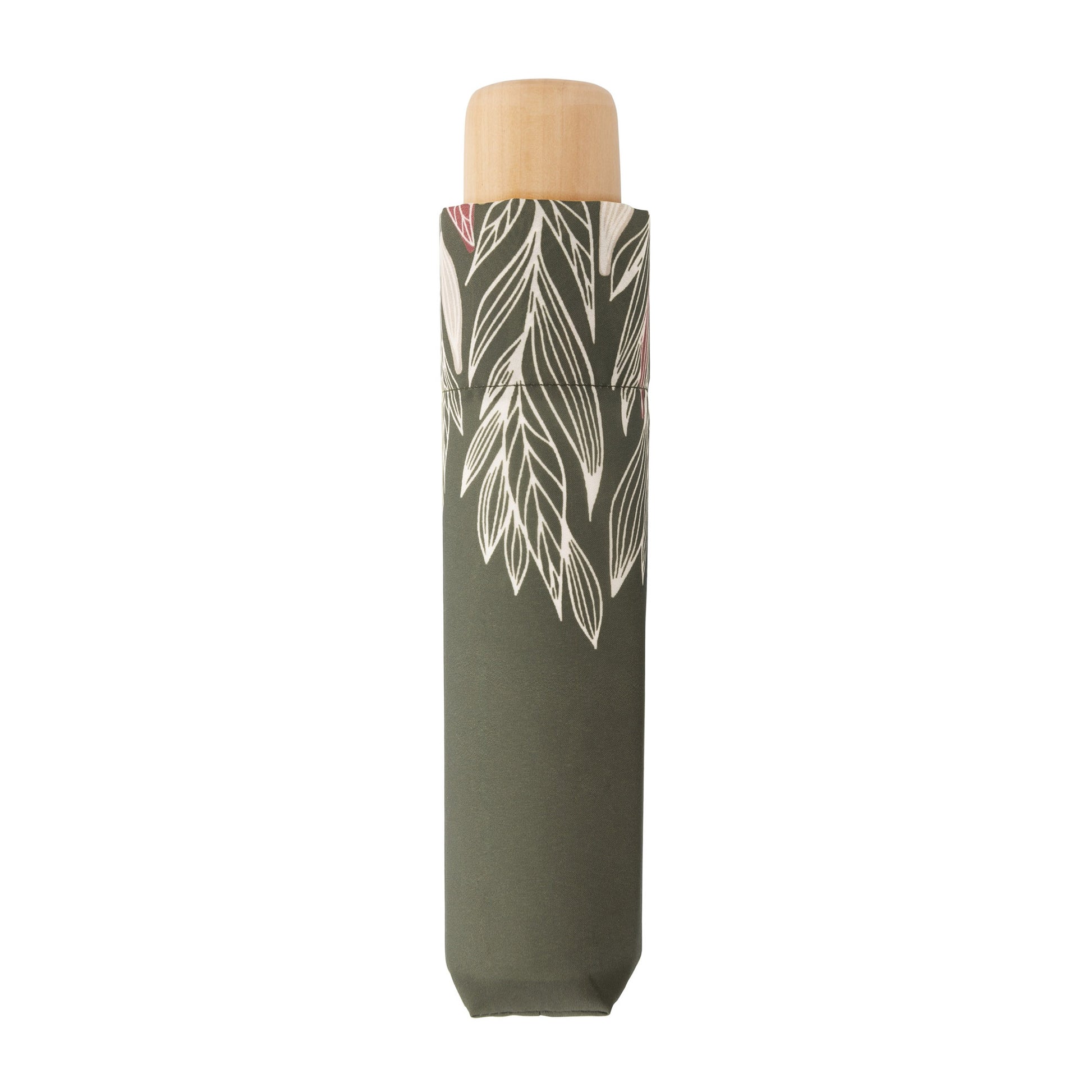 Doppler Nature Mini Umbrella in Intention Olive print, olive green background with beige leaves coming up from the edges, closed view