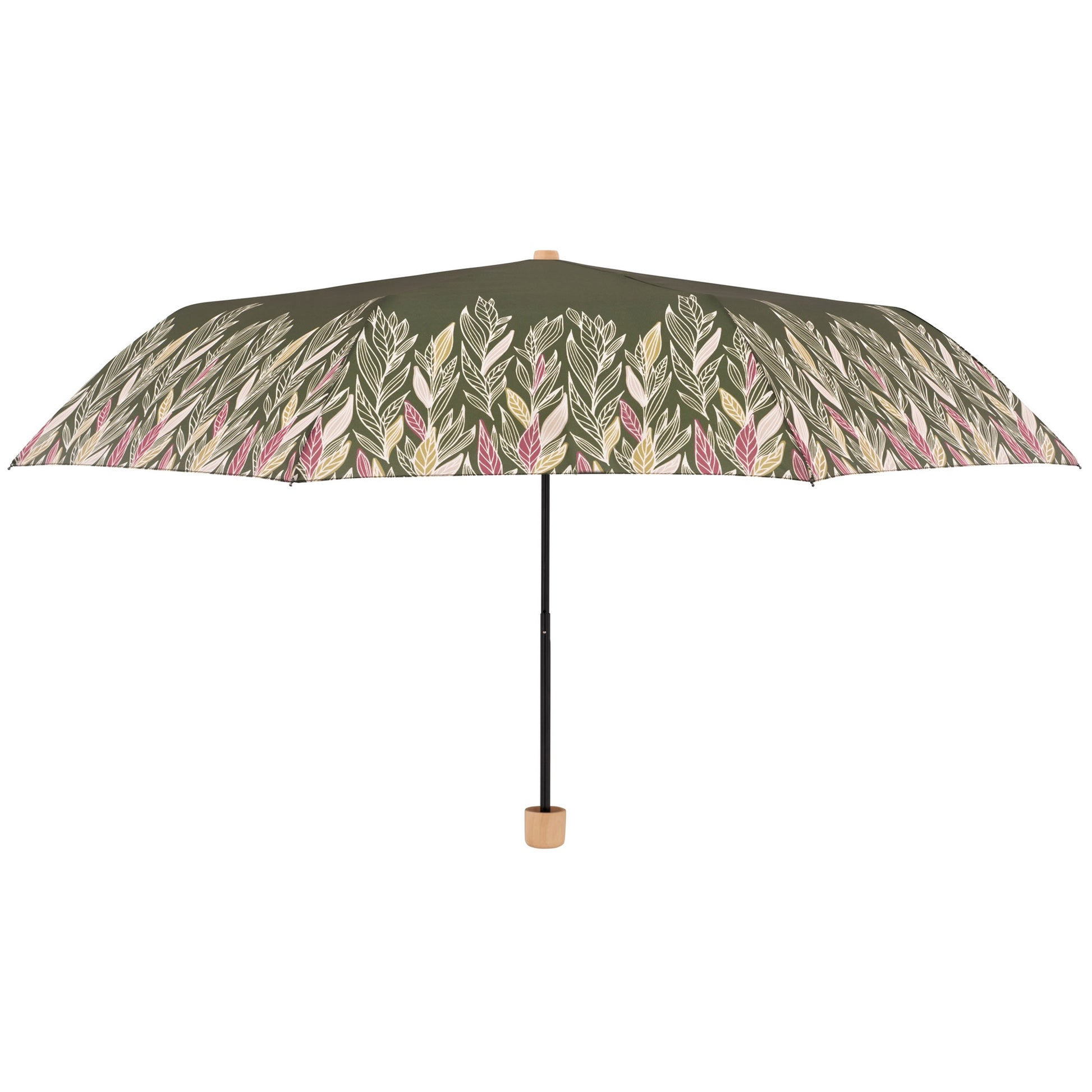 Doppler Nature Mini Umbrella in Intention Olive print, olive green background with beige leaves coming up from the edges, open side view