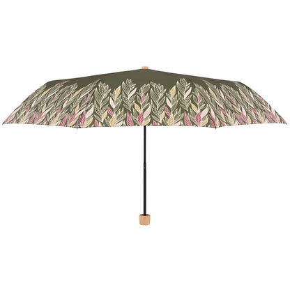 Doppler Nature Mini Umbrella in Intention Olive print, olive green background with beige leaves coming up from the edges, open side view