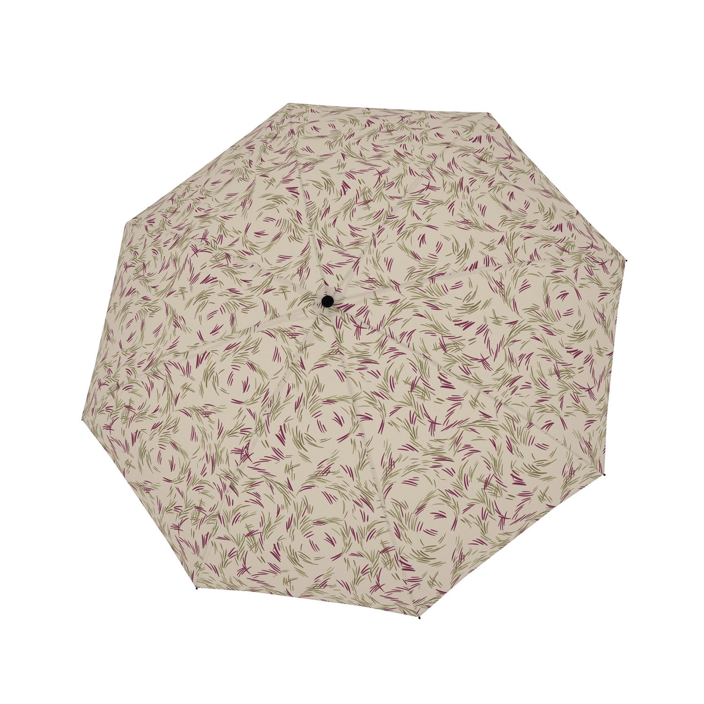 Doppler Nature Mini Umbrella in Wind print, white background with purple and green swirl lines, top open view