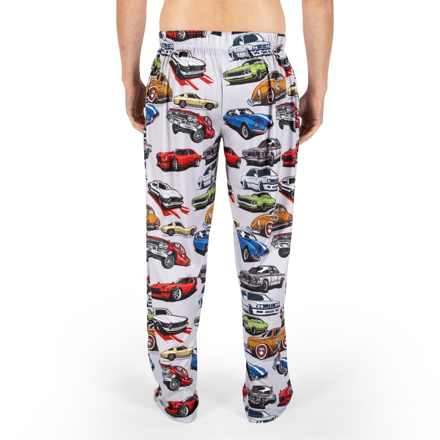 Person wearing Brief Insanity "I'm Not Old I'm a Classic" lounge pants, shown from the back against white.