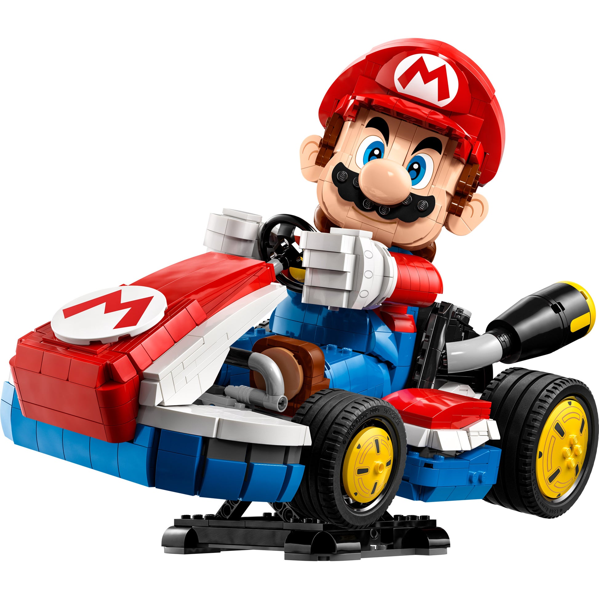 LEGO® Mario drives the Standard Kart with yellow wheels and a bold "M" from LEGO® Mario Kart™ – Mario & Standard Kart.