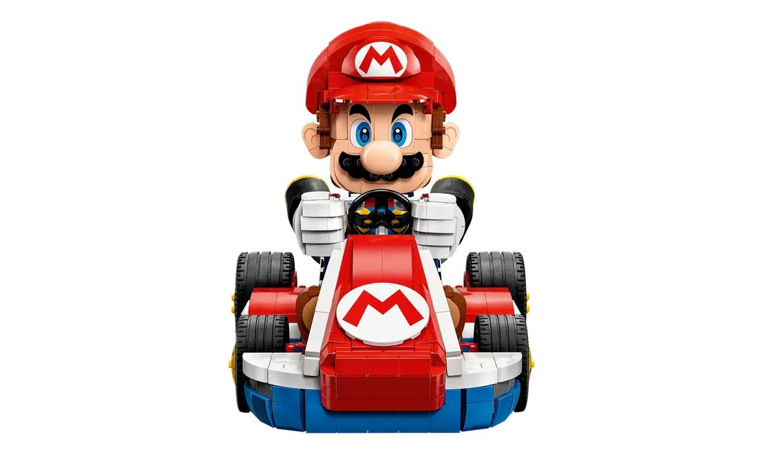 Front view of LEGO® Mario Kart™ – Mario & Standard Kart, featuring Mario in a red and blue kart with an "M" emblem.