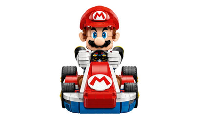 Front view of LEGO® Mario Kart™ – Mario & Standard Kart, featuring Mario in a red and blue kart with an "M" emblem.