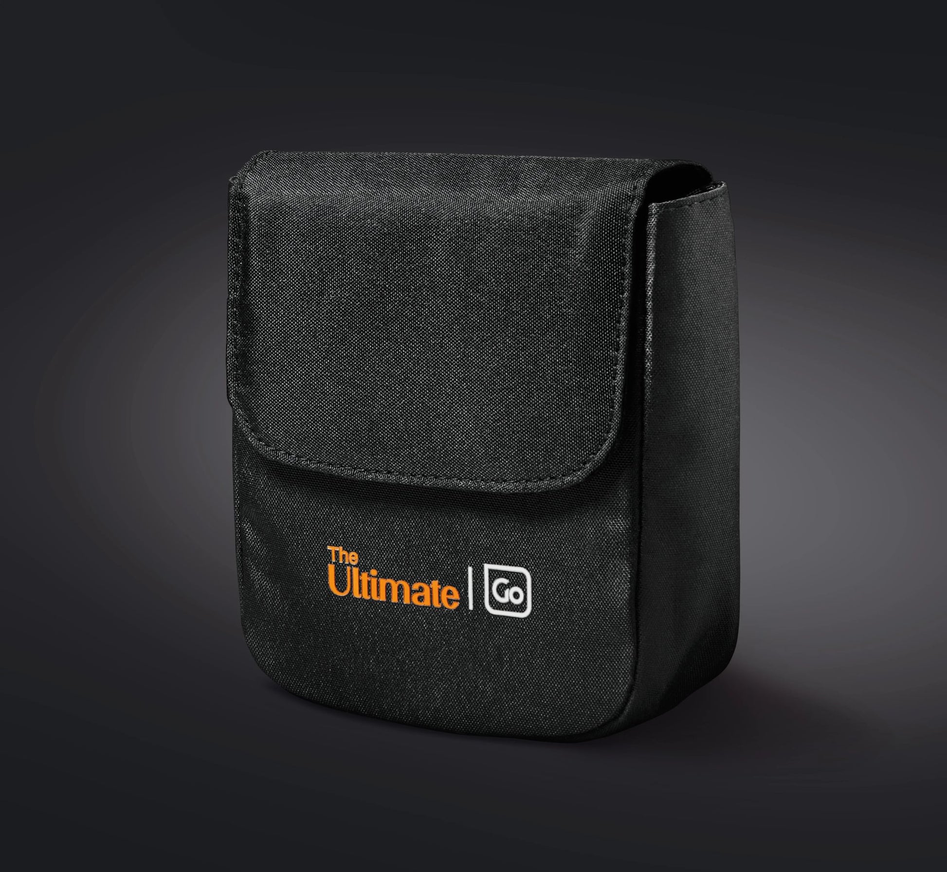 Black fabric pouch with flap for your Go Travel The Ultimate Eye Mask, featuring the brand’s orange-white logo.