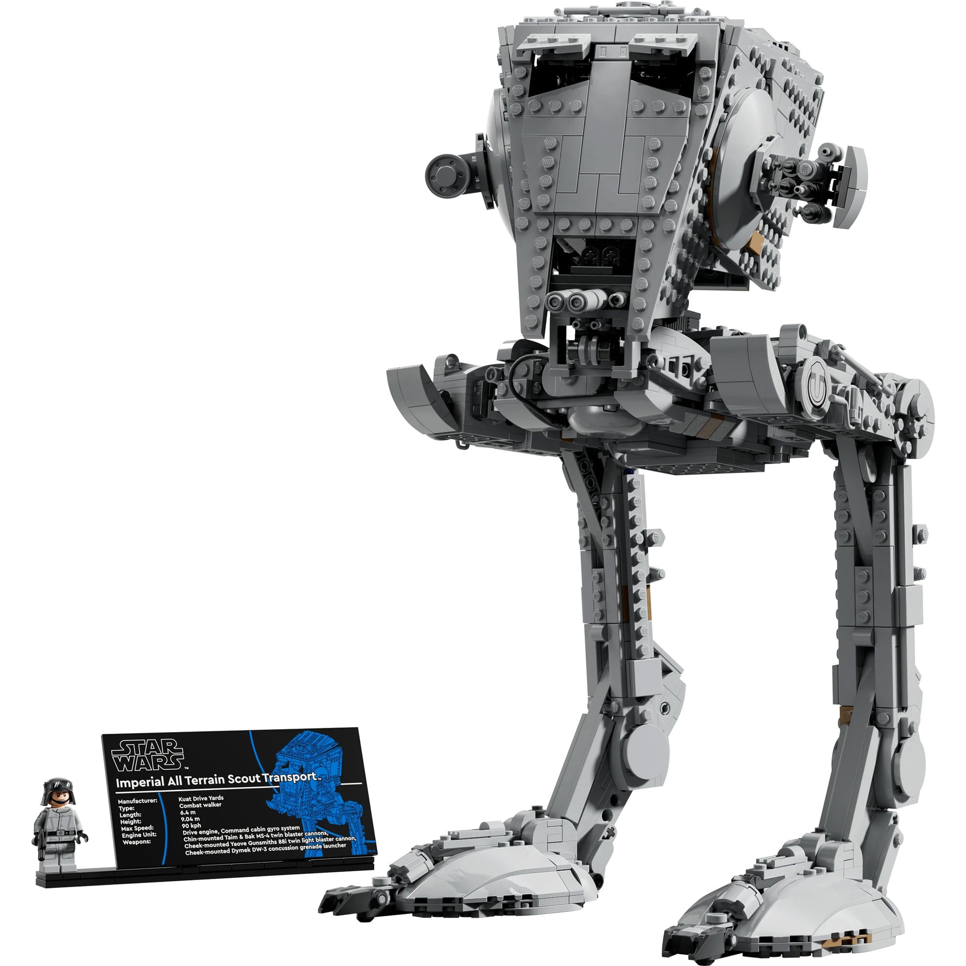 The LEGO® AT-ST™ Walker stands beside an info plaque and a minifigure.