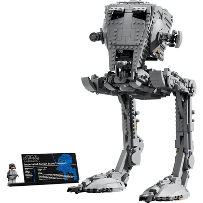 The LEGO® AT-ST™ Walker stands beside an info plaque and a minifigure.