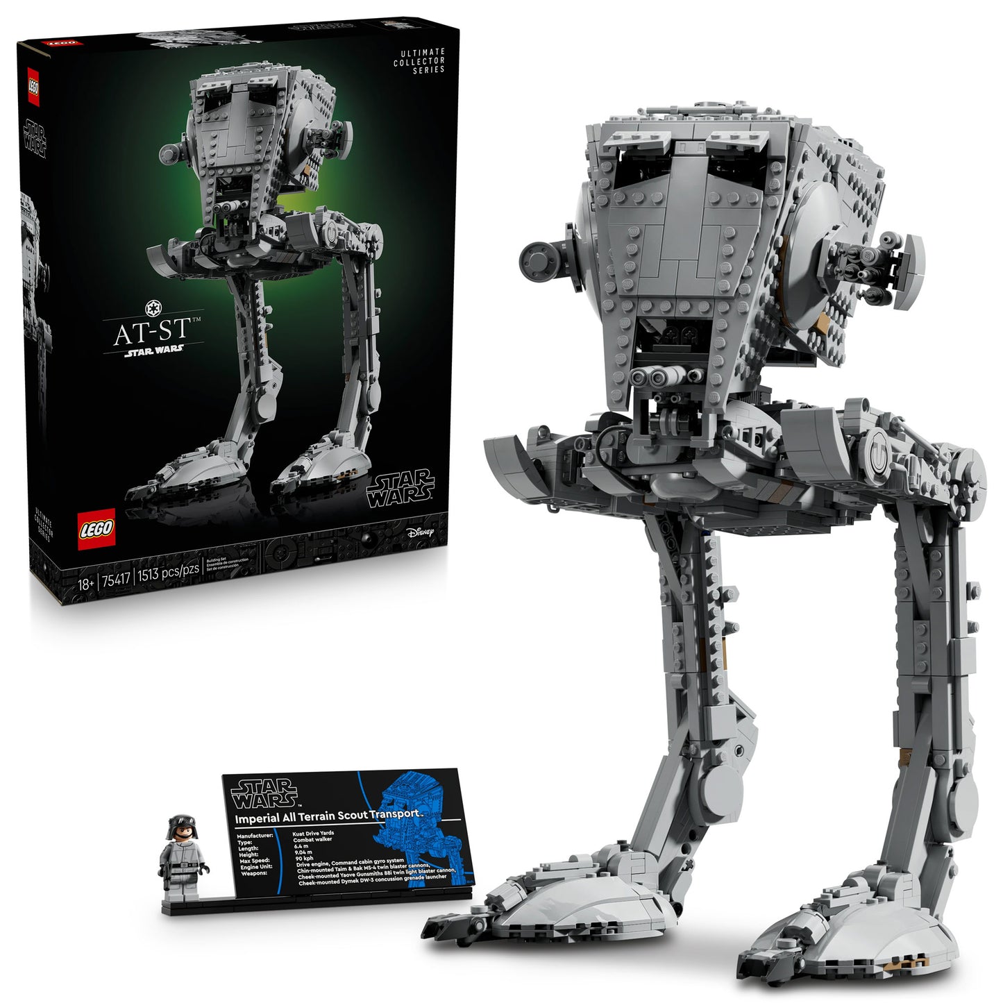 LEGO® AT-ST™ Walker set includes buildable model, box, display plaque, and minifigure.