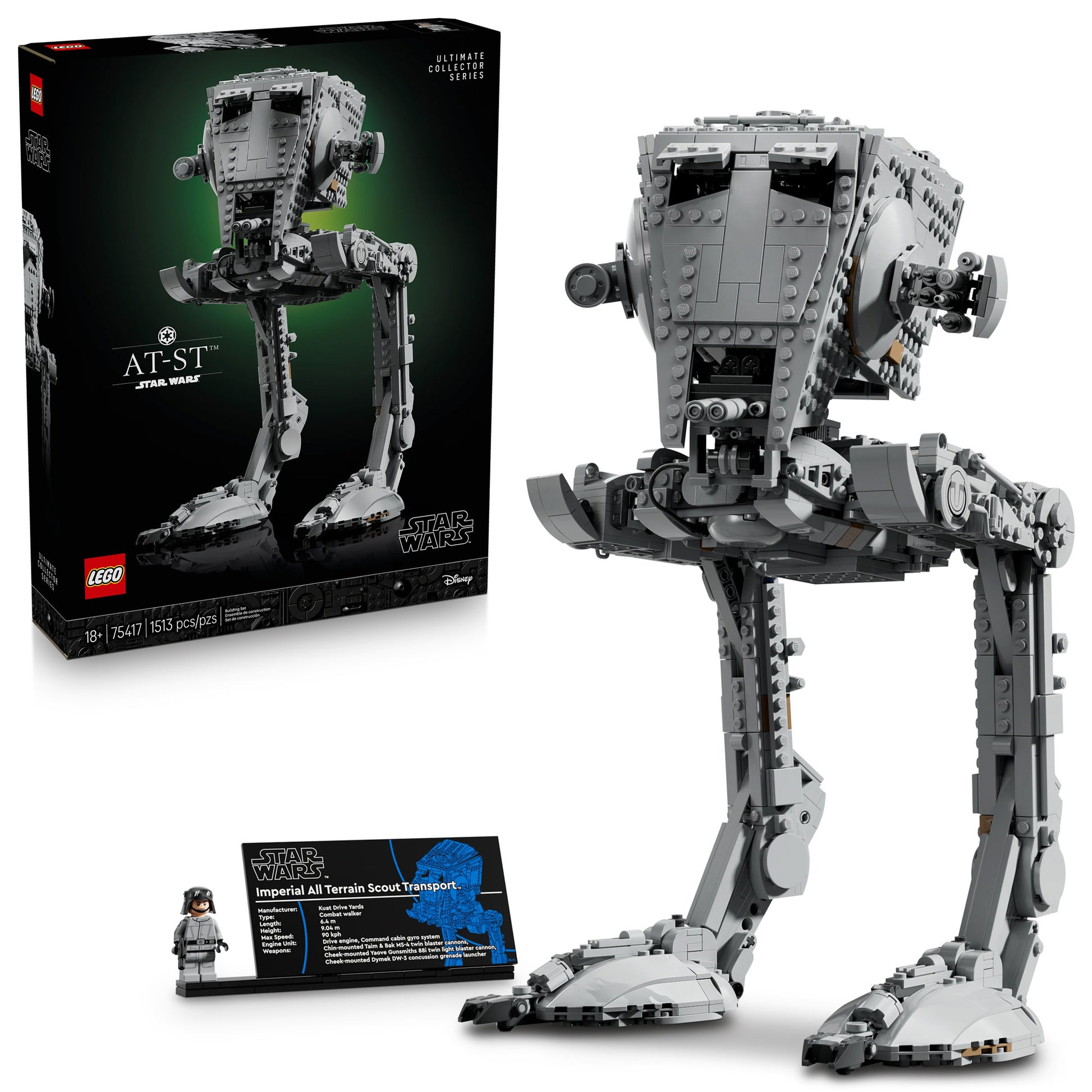 LEGO® AT-ST™ Walker set includes buildable model, box, display plaque, and minifigure.