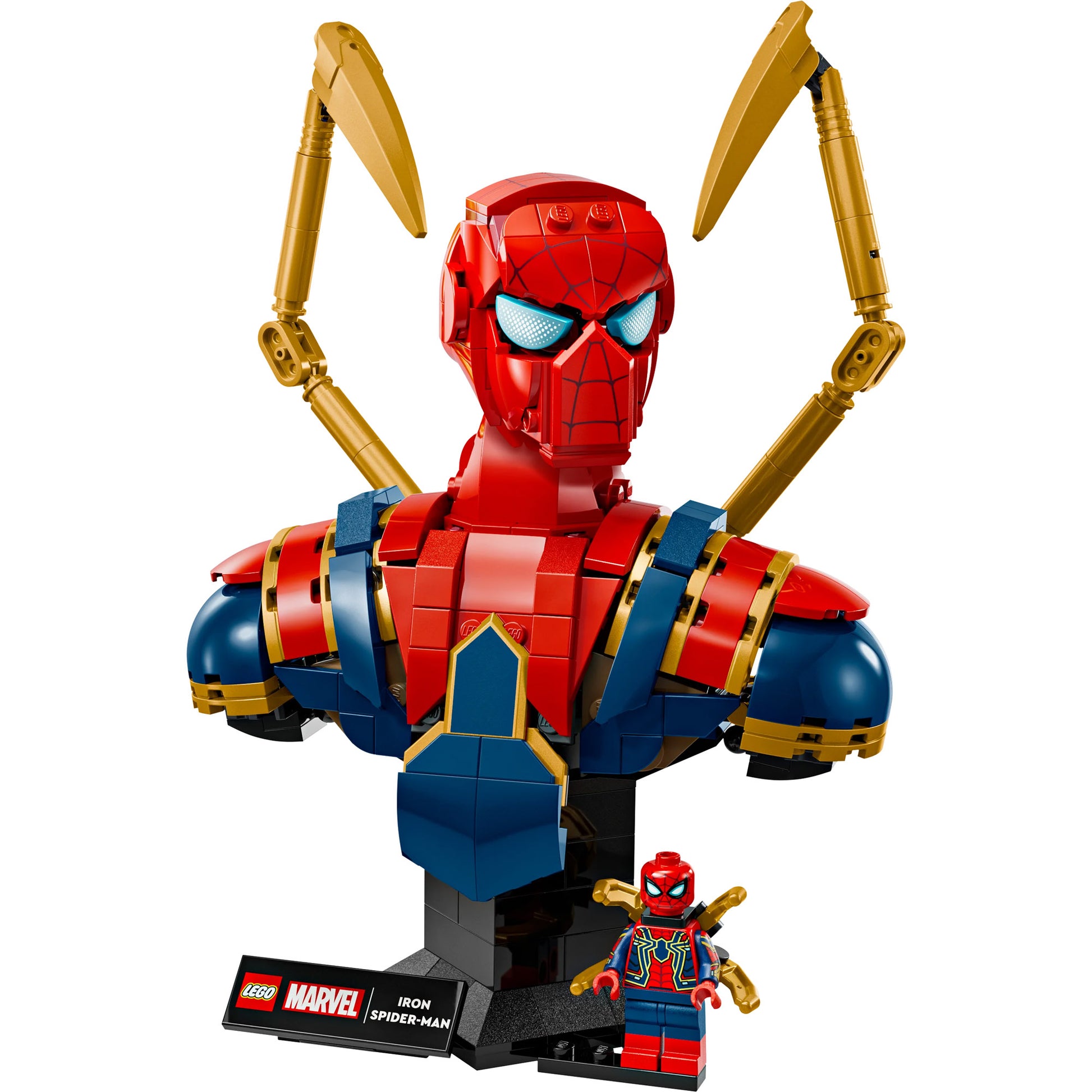 LEGO® Iron Spider-Man Bust, featuring gold arms and a matching Spider-Man minifigure.