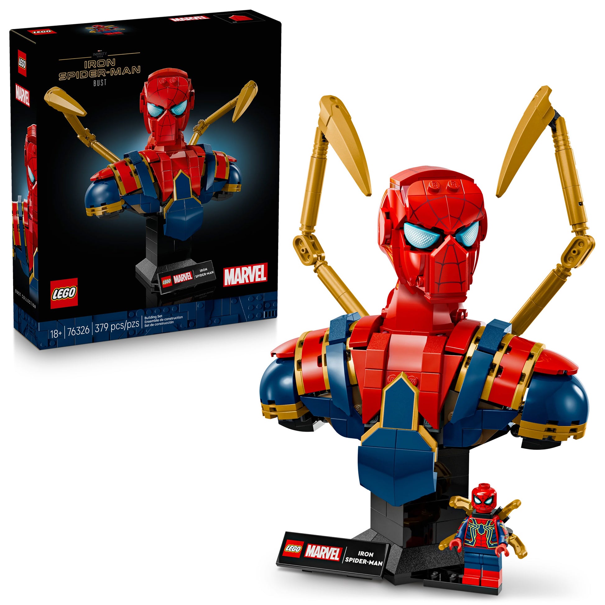 LEGO® Iron Spider-Man Bust includes gold arms, box, and Spider-Man minifigure.
