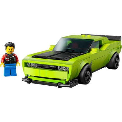 LEGO® Dodge Challenger SRT Hellcat sports car with black details and minifigure, LEGO Speed Champions style.