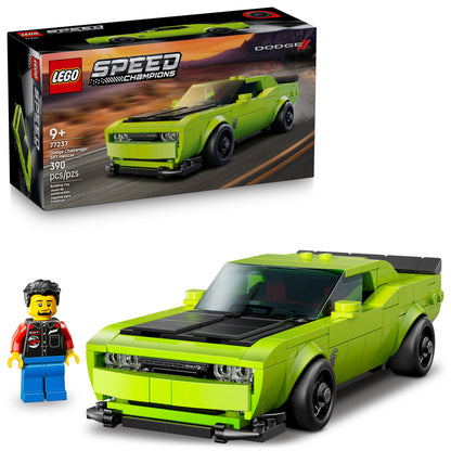 LEGO® Dodge Challenger SRT Hellcat Sports Car set, includes minifigure and display box.