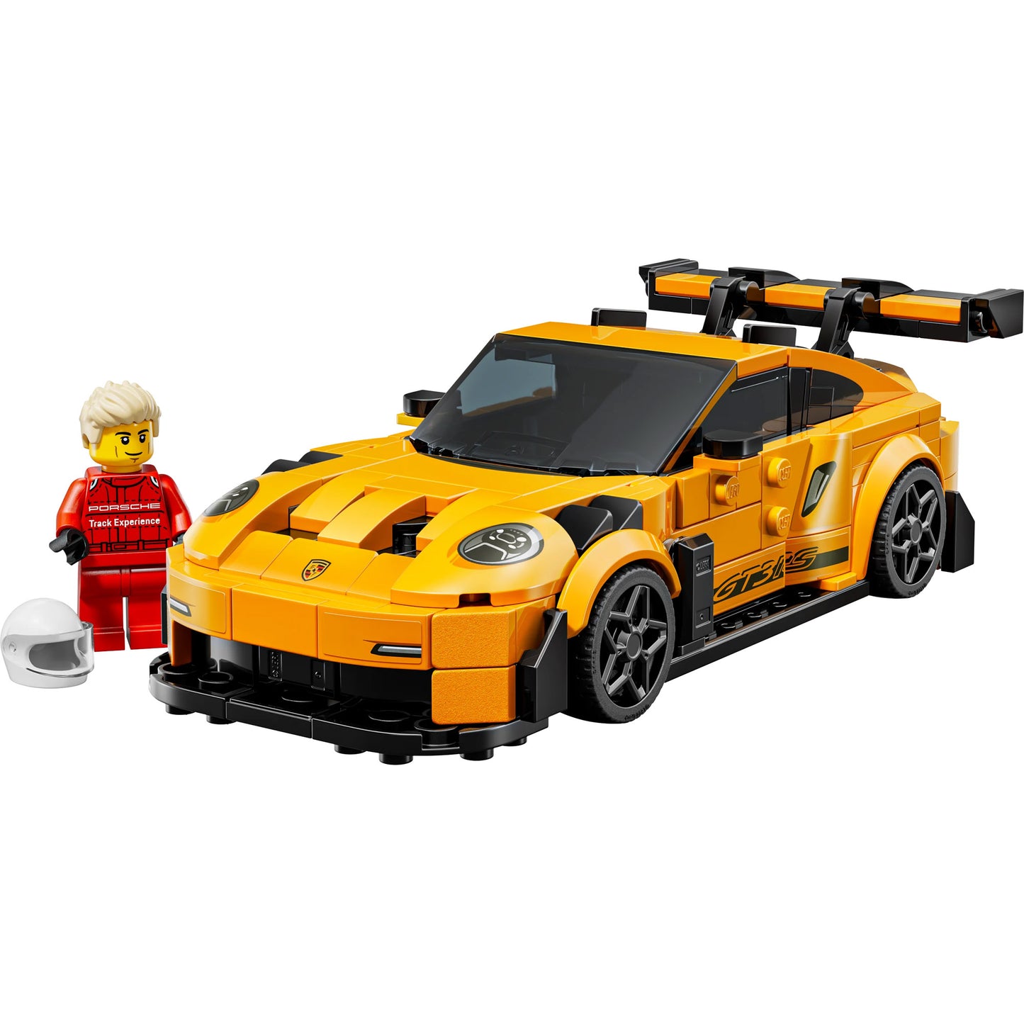 LEGO® Porsche 911 GT3 RS Super Car with black details, rear spoiler, and minifigure in a red suit.