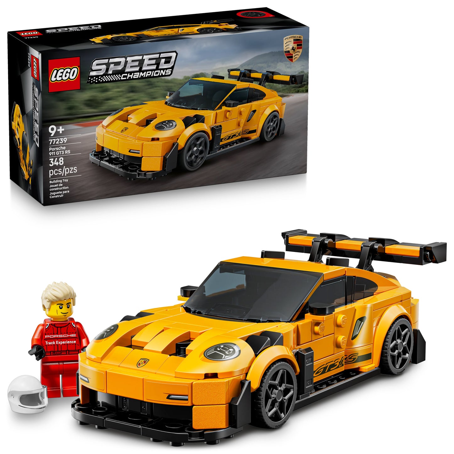 LEGO® Porsche 911 GT3 RS Super Car, includes minifigure and helmet. For ages 9+.