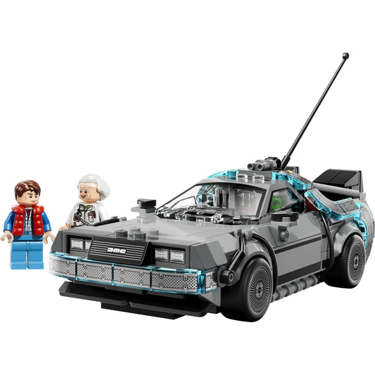 Product Image – LEGO® Time Machine from Back to the Future kit, ONLINE ONLY, includes two minifigures and car model.
